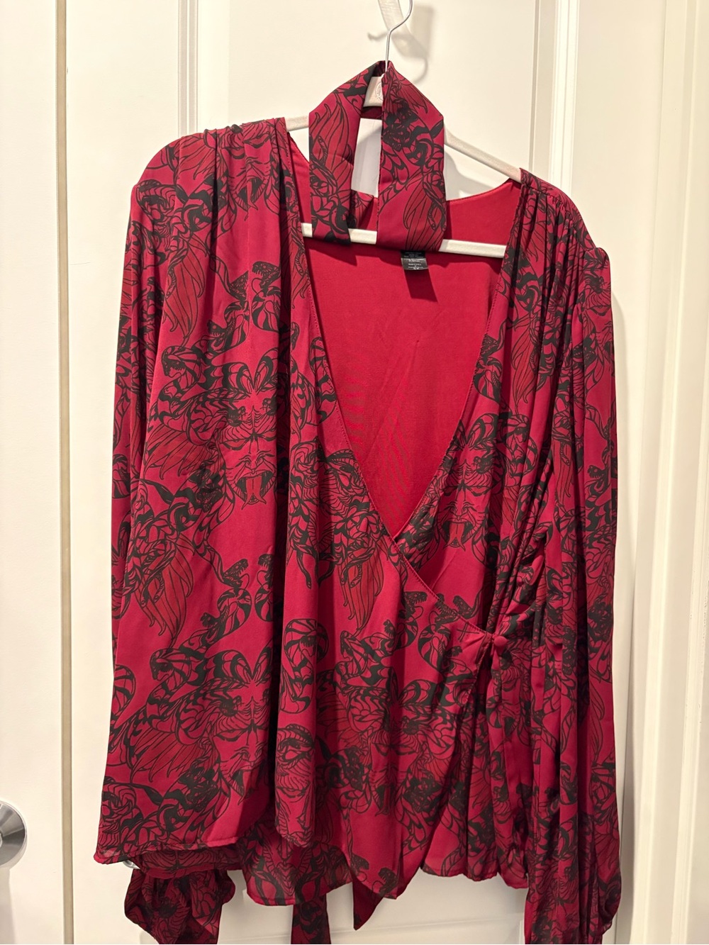 Red Gorgon Wrap Blouse with Tie Detail